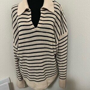 J.Crew Sweater Womens 2XL Ivory & Navy Striped Collared V-Neck Oversized